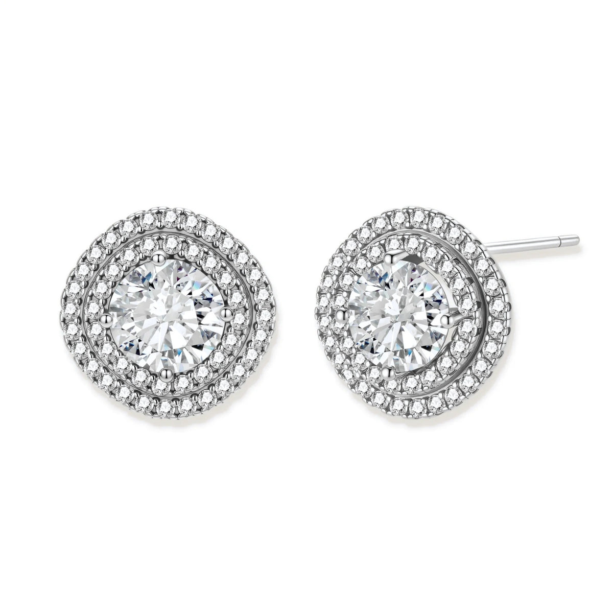 Double halo sterling silver stud earrings with brilliant round moissanite center stones and pavé crystal accents