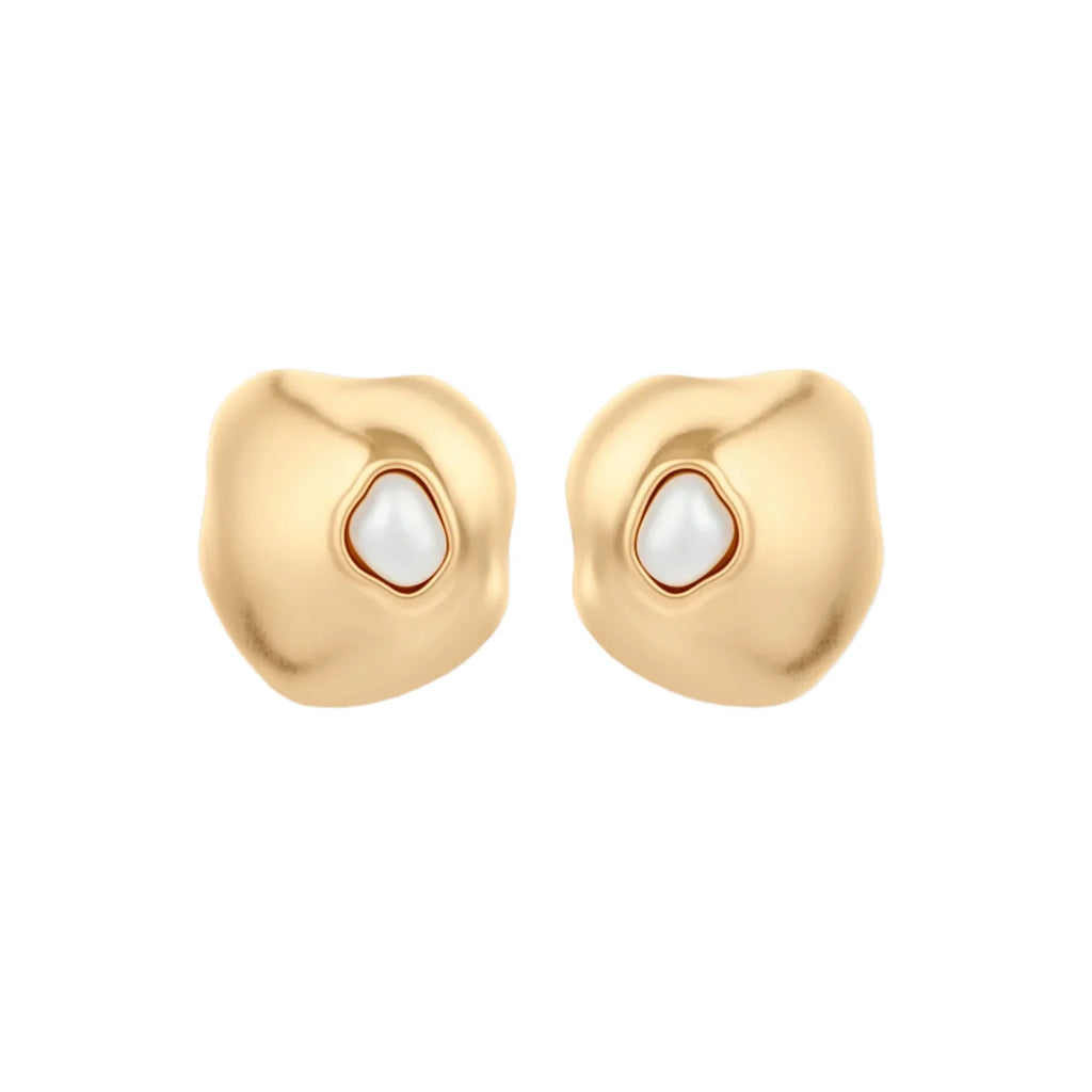 Organic-shaped eco-zinc alloy stud earrings with resin pearl centers and sterling silver posts on white background.
