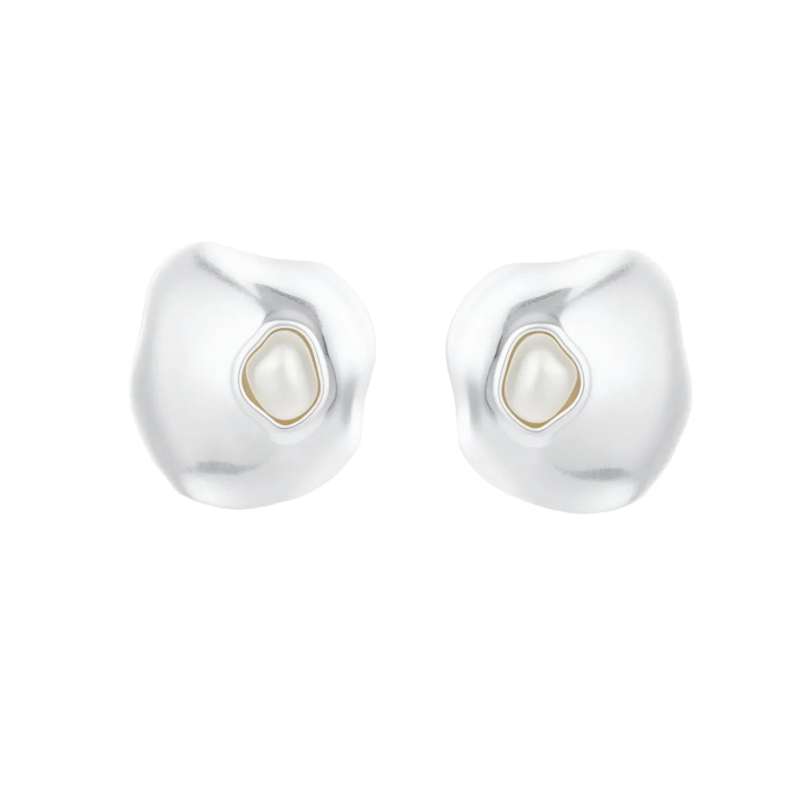 Organic-shaped eco-zinc alloy stud earrings with resin pearl centers and sterling silver posts on white background.