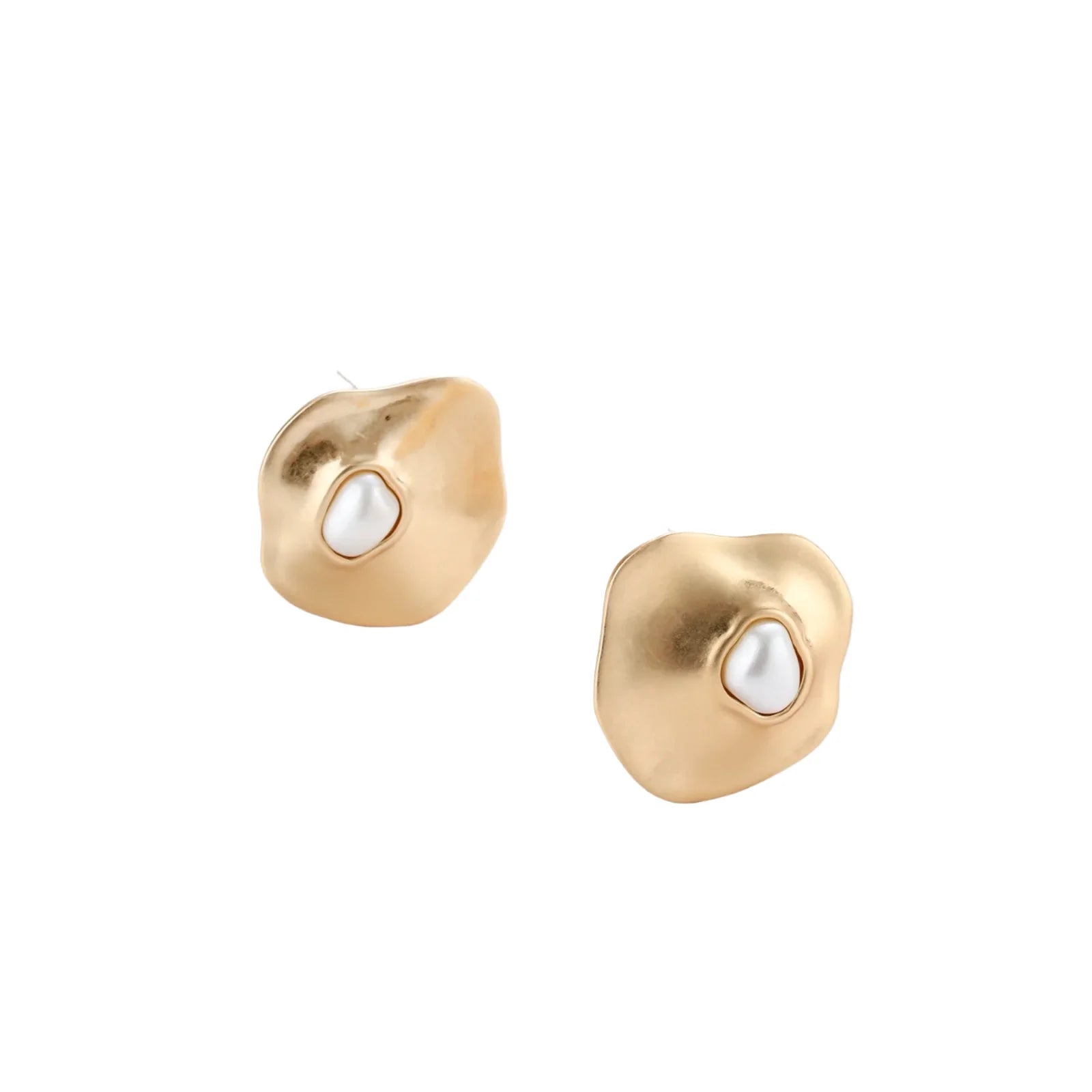 Organic-shaped eco-zinc alloy stud earrings with resin pearl centers and sterling silver posts on white background.
