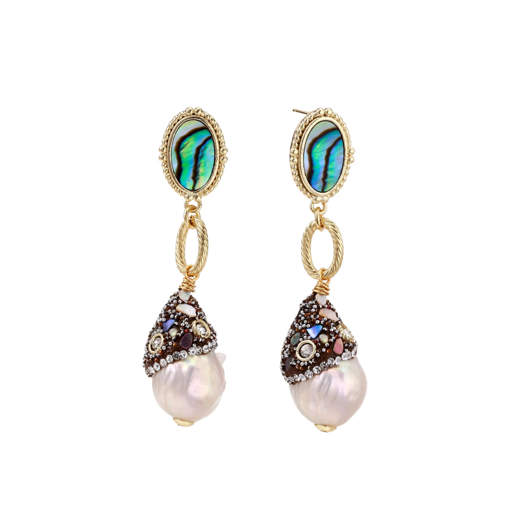 Gold drop earrings with iridescent abalone studs, rope links, jeweled caps and white baroque pearls on cream background