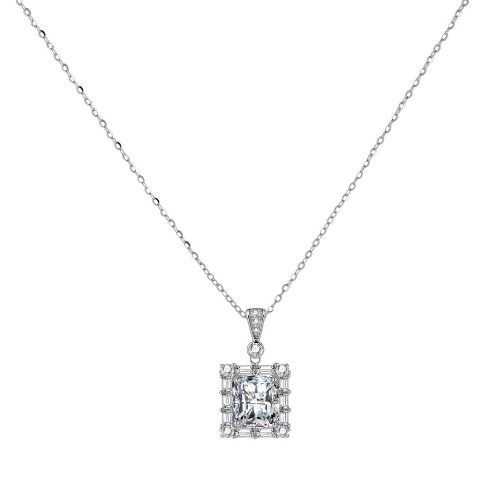 Square moissanite pendant with halo setting on delicate sterling silver chain against white background.