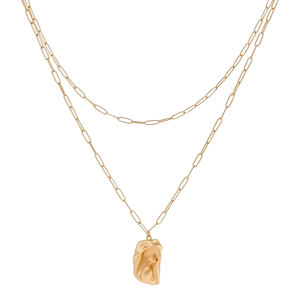 Layered paperclip chain necklace with organic flowing pendant made from eco-zinc alloy in warm gold finish