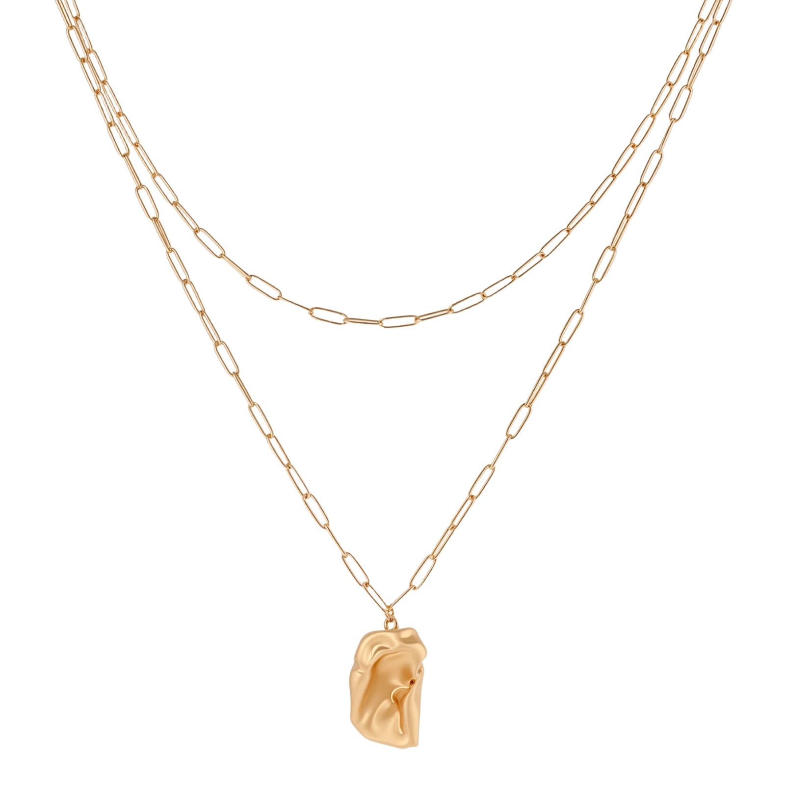 Layered paperclip chain necklace with organic flowing pendant made from eco-zinc alloy in warm gold finish
