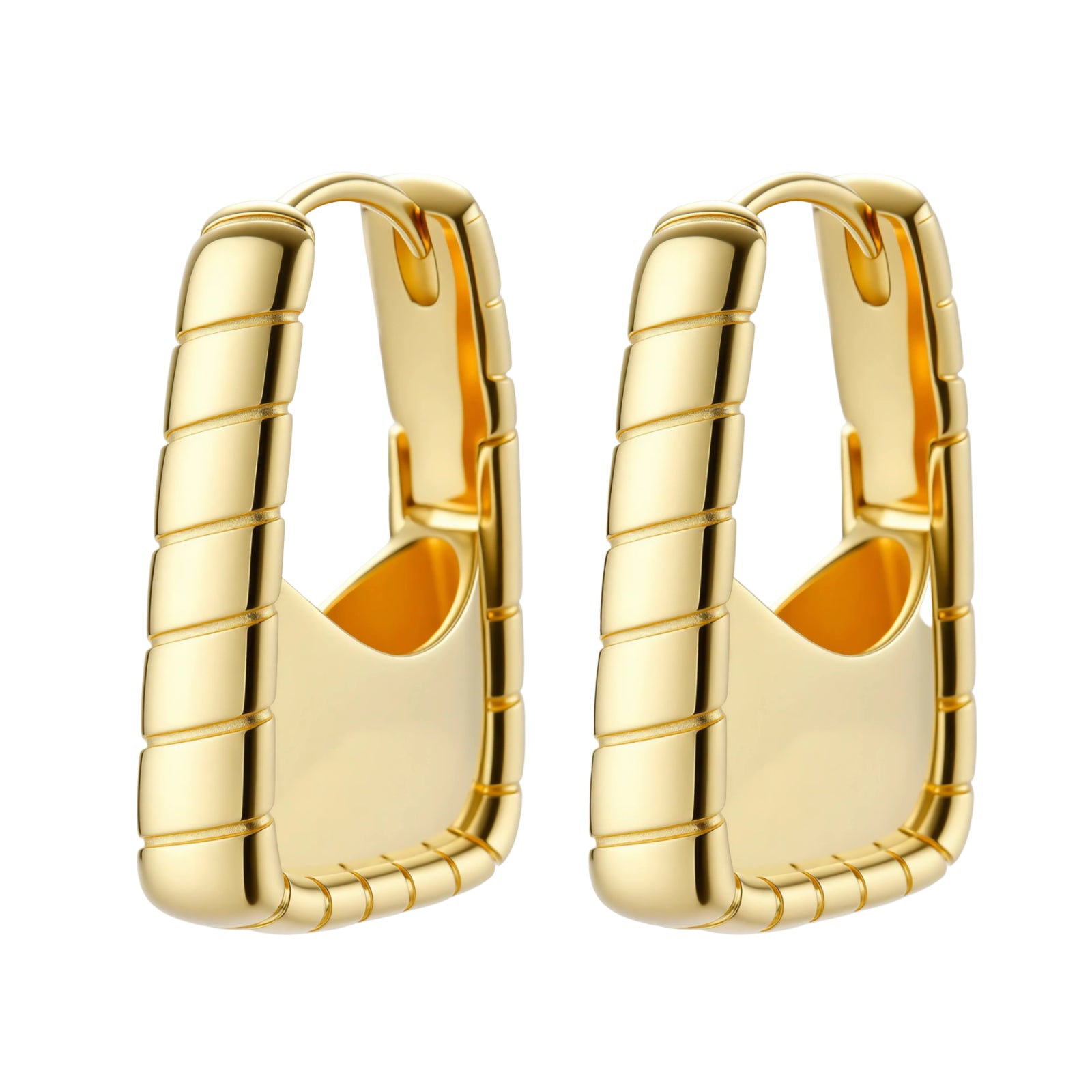 Chunky segmented gold-plated huggie hoop earrings with bamboo-inspired geometric design on white background.