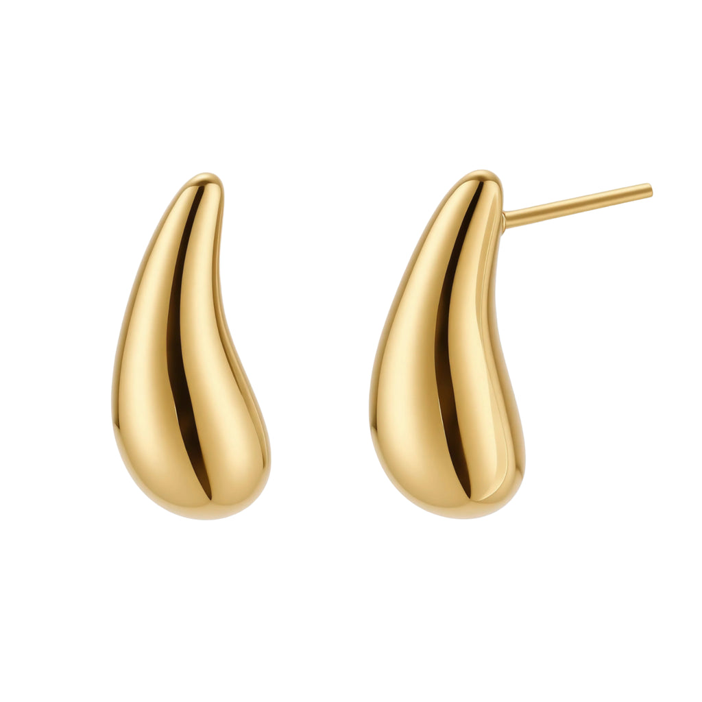 Pair of gold-plated sterling silver teardrop stud earrings with polished finish on white background.