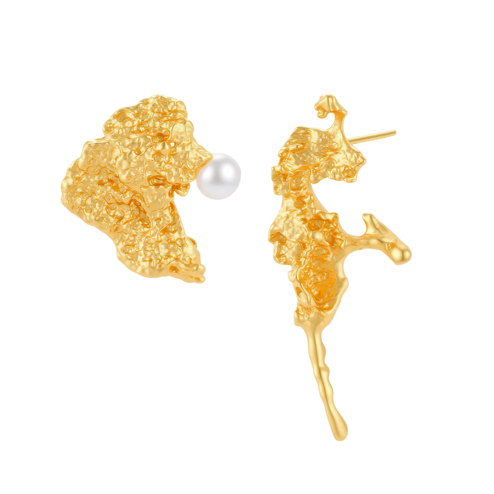Textured gold stud earrings with coral-like organic surface, one featuring a freshwater pearl, displayed on white background.