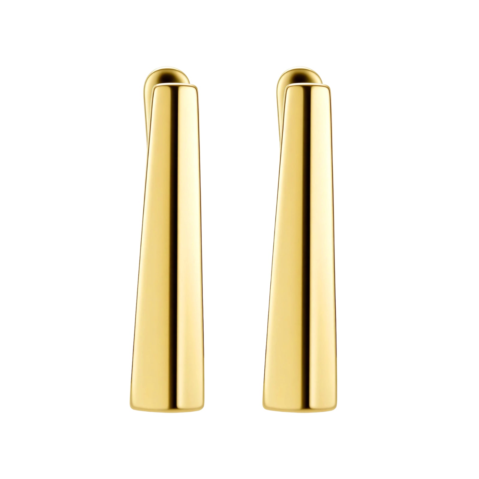 Sleek 14K gold-plated sterling silver huggie earrings with polished finish and geometric elongated design on white background.