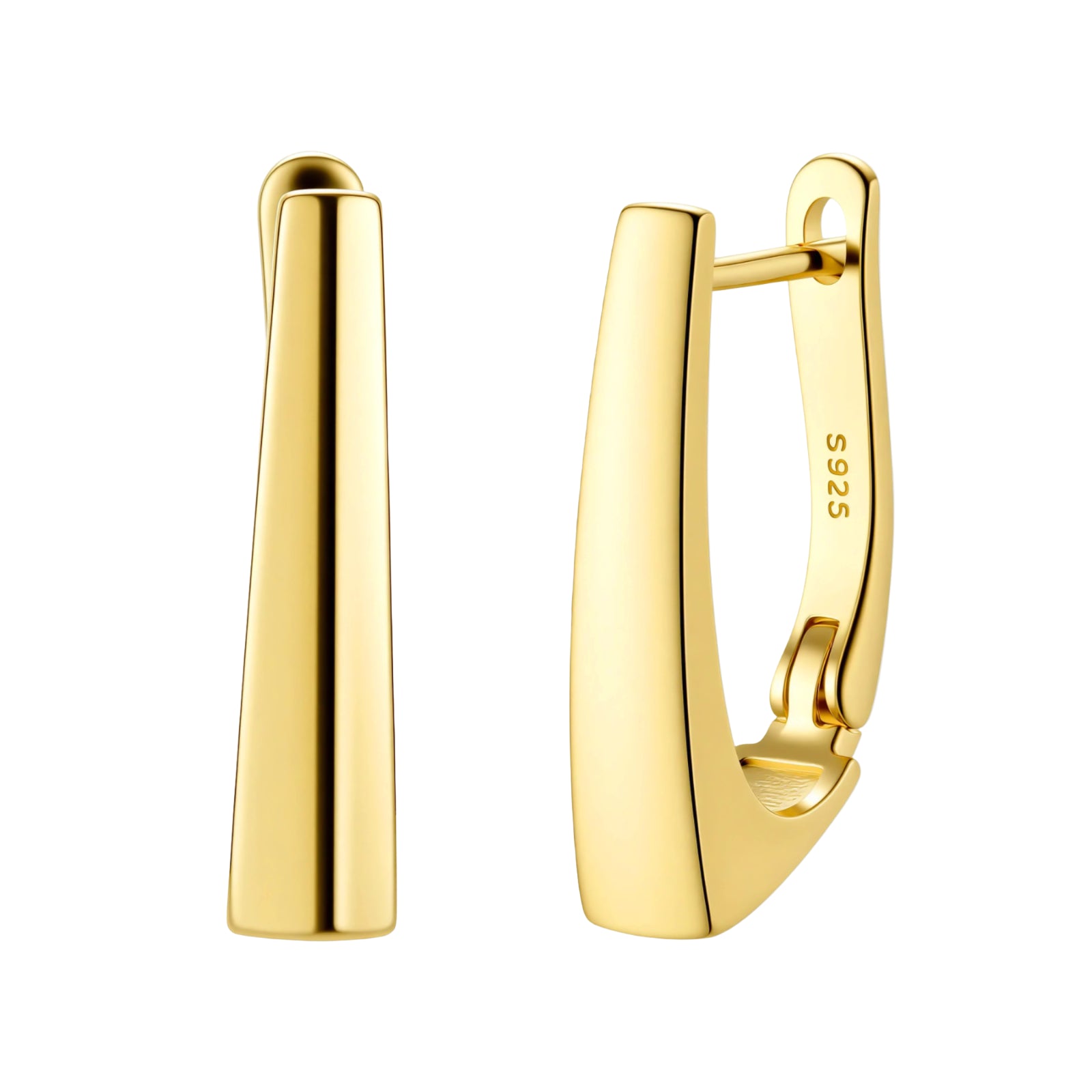 Sleek 14K gold-plated sterling silver huggie earrings with polished finish and geometric elongated design on white background.