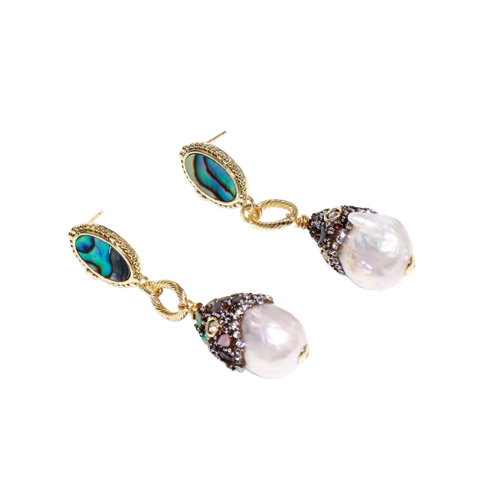 Gold drop earrings with iridescent abalone studs, rope links, jeweled caps and white baroque pearls on cream background