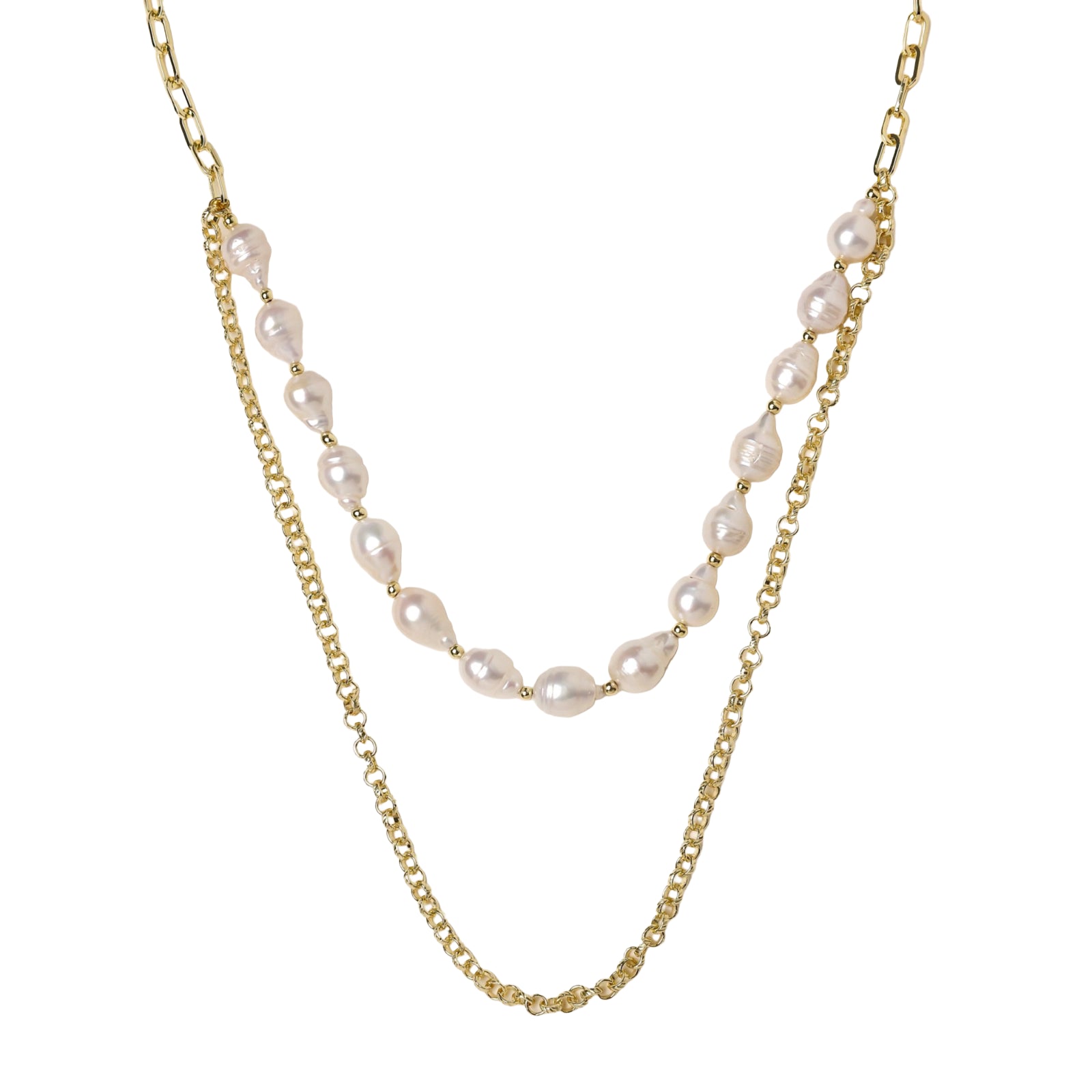Layered gold chain necklace with organic baroque freshwater pearls and adjustable length on cream background