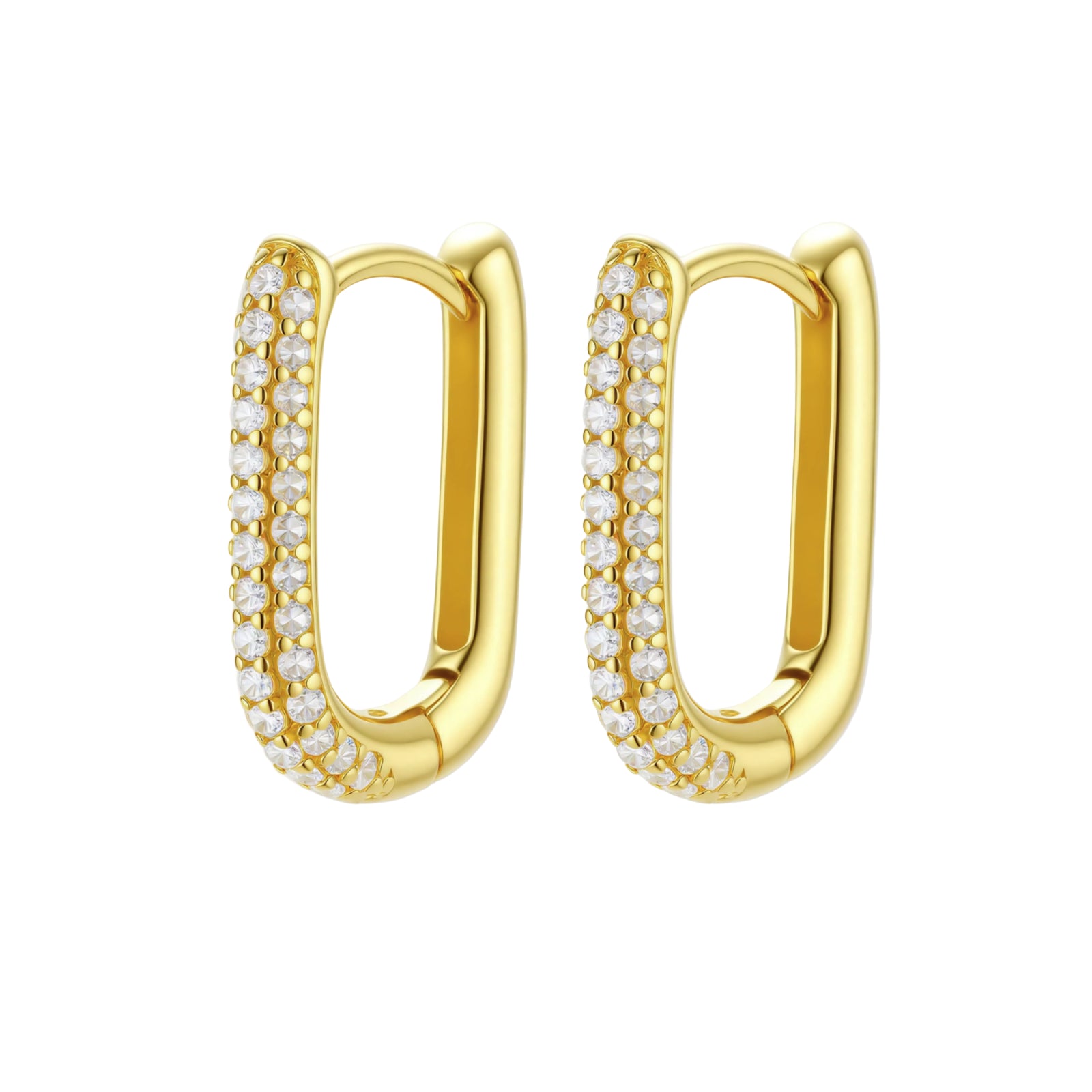 Close-up of small sterling silver huggie hoops completely covered in sparkling clear crystals with hinged closure