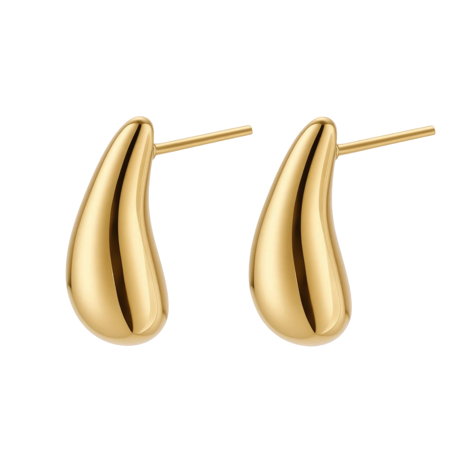 Pair of gold-plated sterling silver teardrop stud earrings with polished finish on white background.