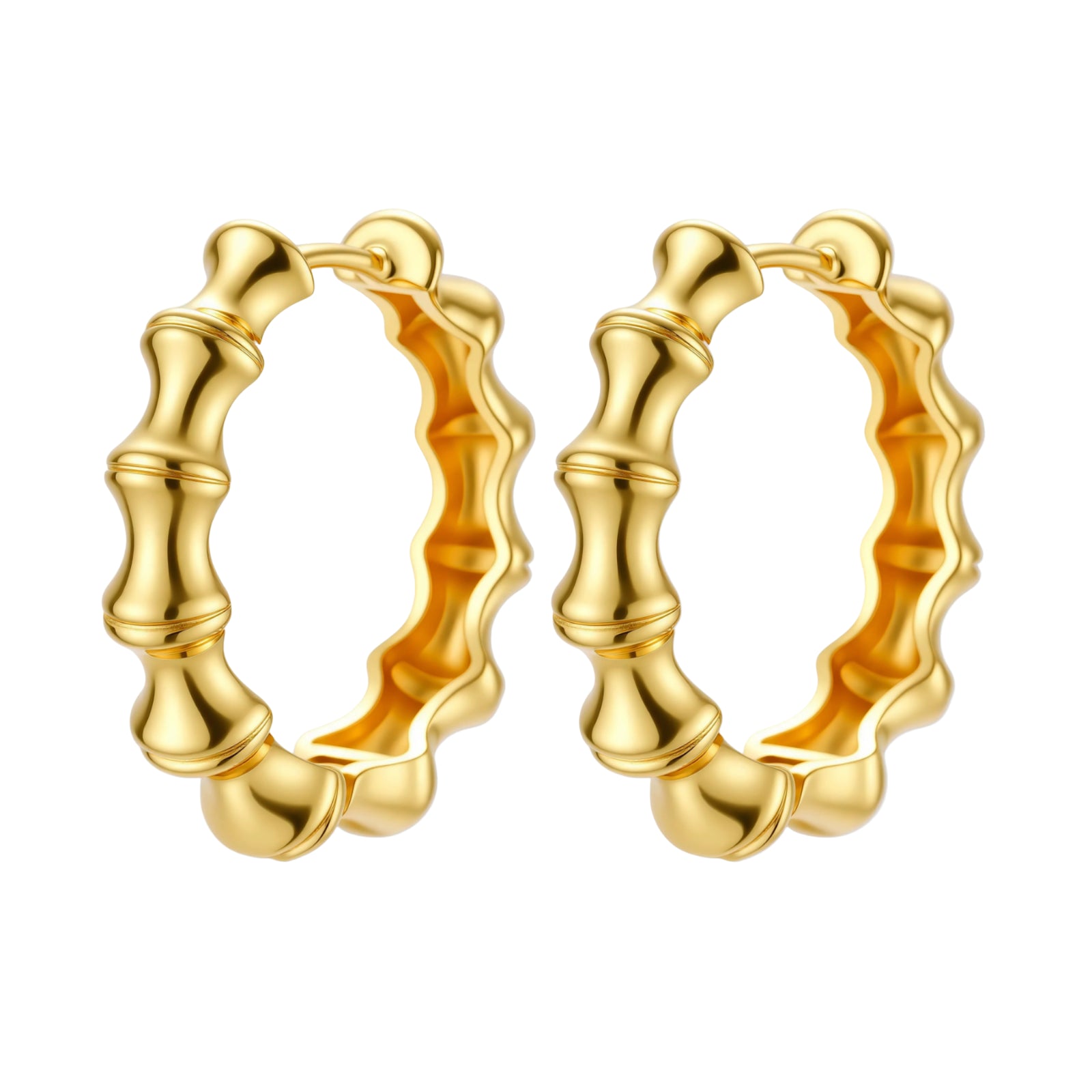 Close-up of gold-plated sterling silver hoop earrings with bamboo-inspired segmented design on white background.