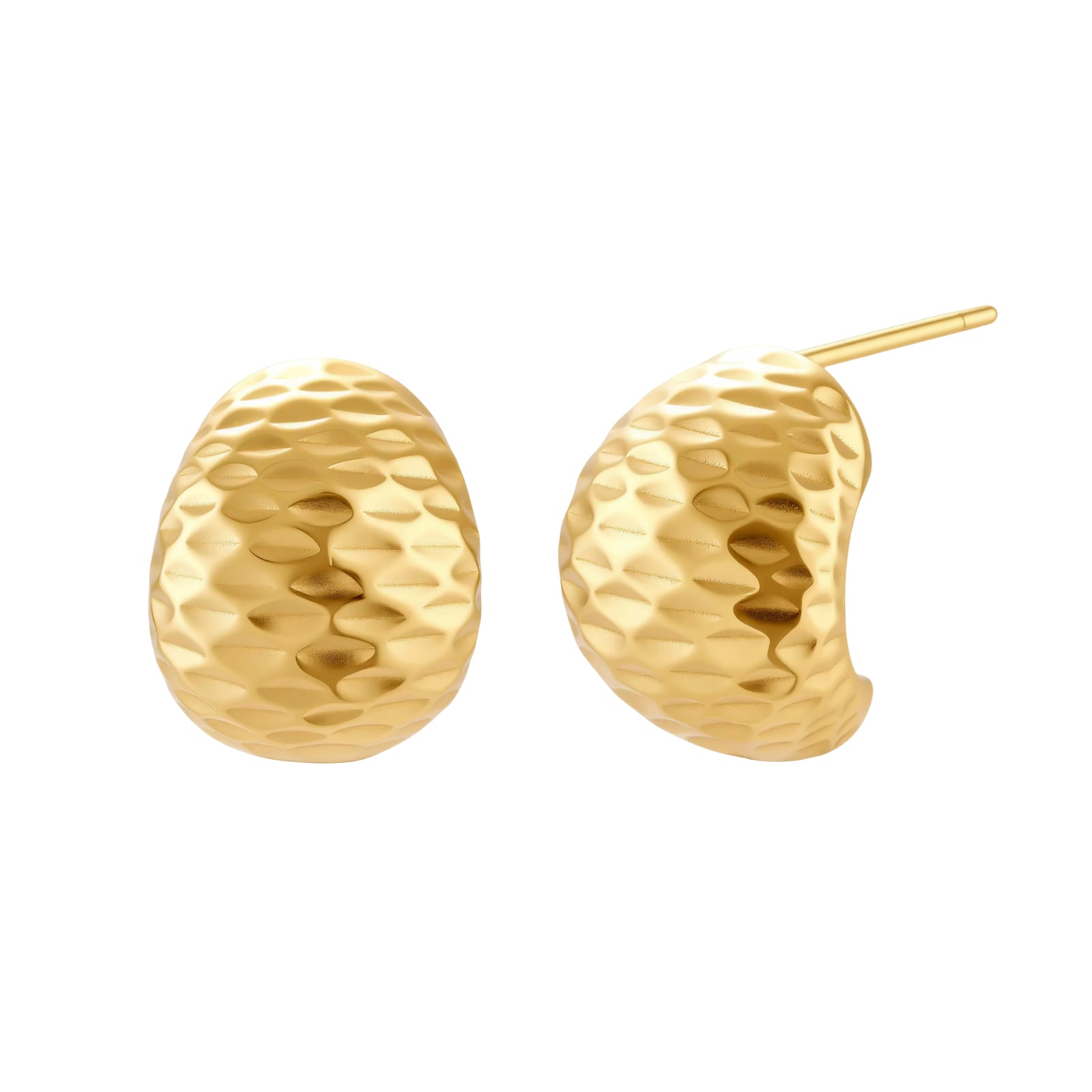 Pair of textured gold-plated sterling silver huggie earrings with dimpled surface finish on cream background.