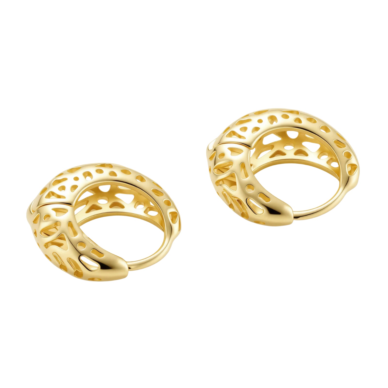 Close-up of small gold-plated hoop earrings with intricate honeycomb cutout pattern on cream background.