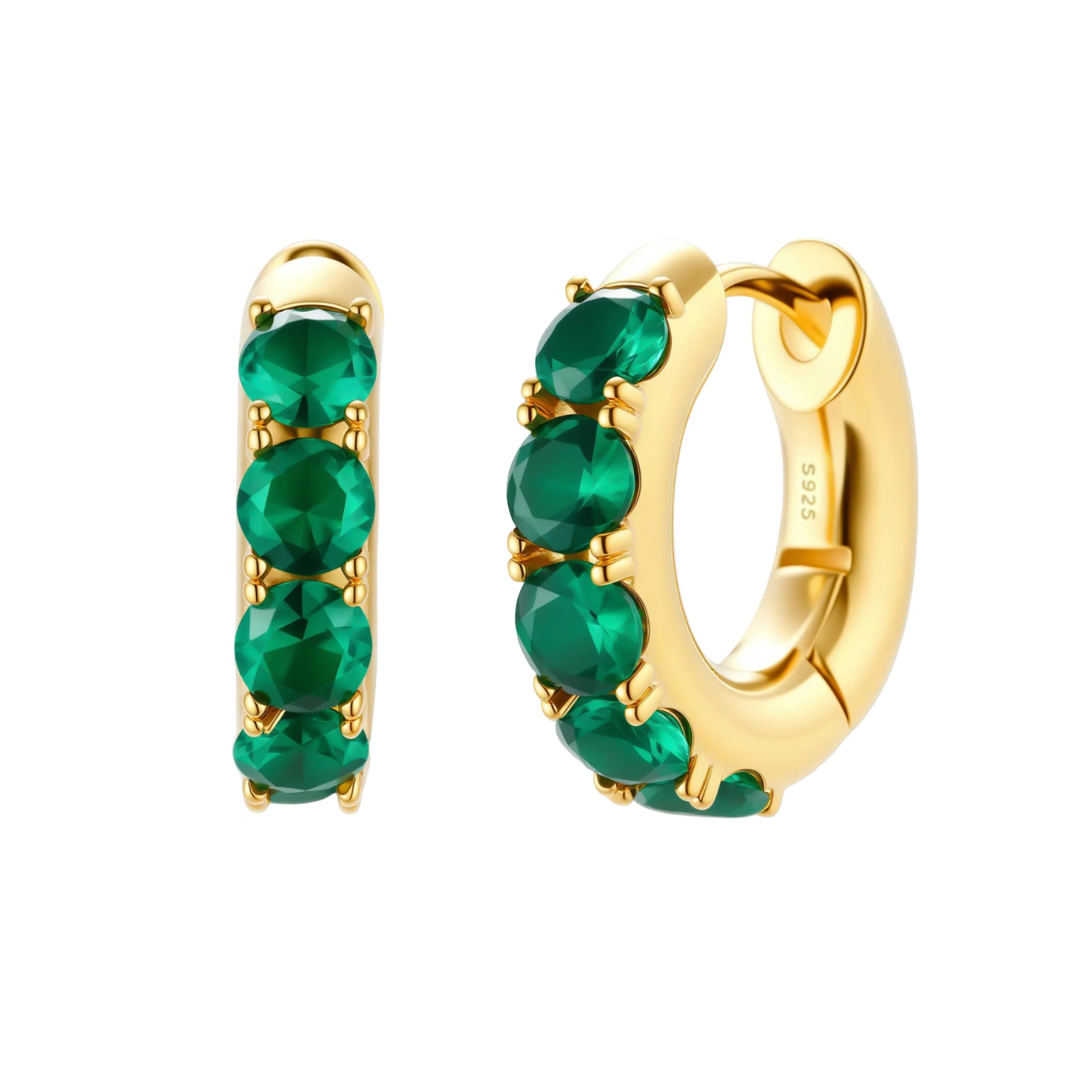 Close-up of gold-plated huggie hoop earrings featuring four emerald green cubic zirconia stones on white background.