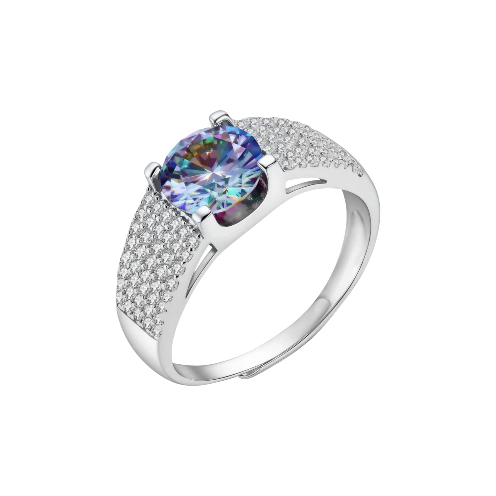 Sterling silver adjustable ring with brilliant round moissanite center stone and pavé diamond band showing rainbow fire