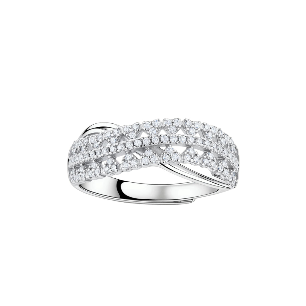 Sterling silver crossover ring with pavé-set moissanite stones creating an elegant infinity design on neutral background