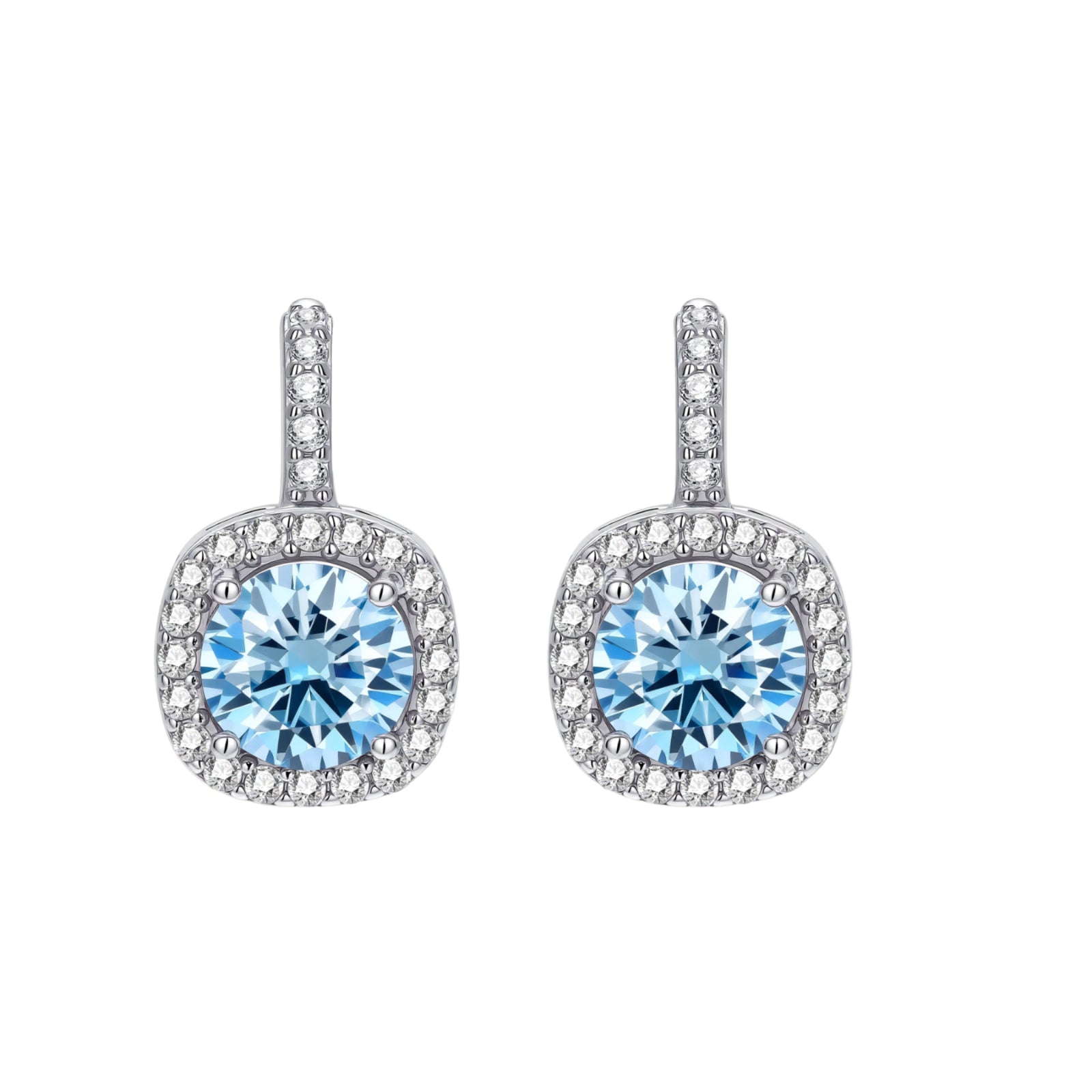 Sterling silver drop earrings featuring cushion-cut blue moissanite stones surrounded by sparkling halo settings
