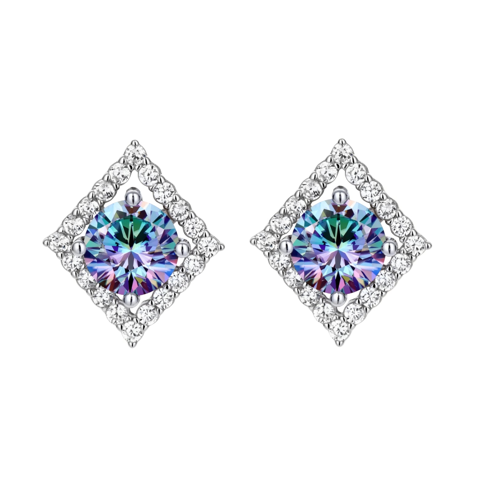 Diamond-shaped sterling silver stud earrings with rainbow moissanite centers surrounded by crystal halos