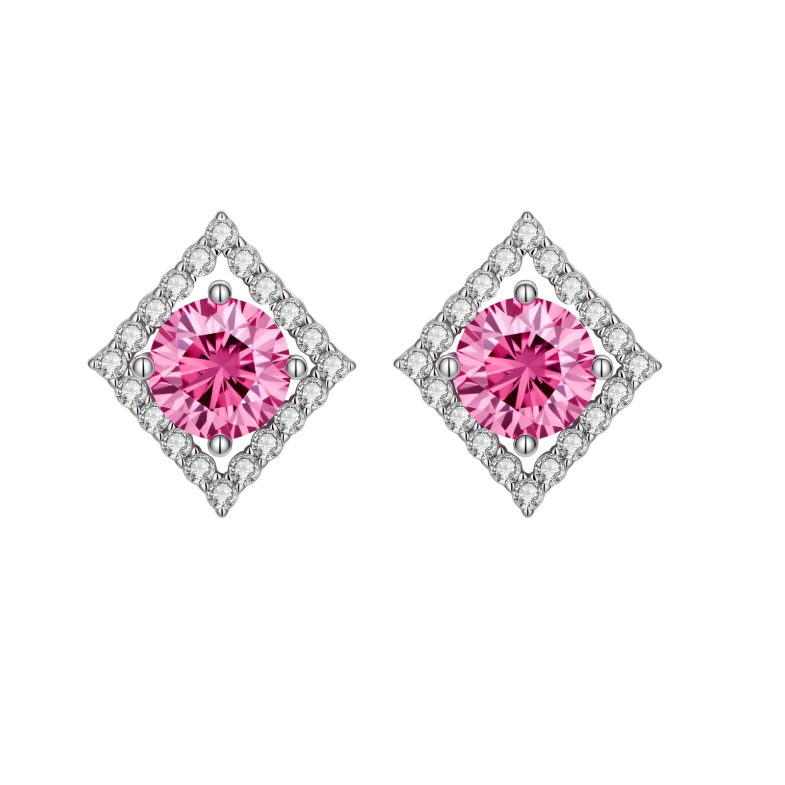 Sterling silver diamond-shaped stud earrings with pink moissanite center stones and crystal halo setting on white background
