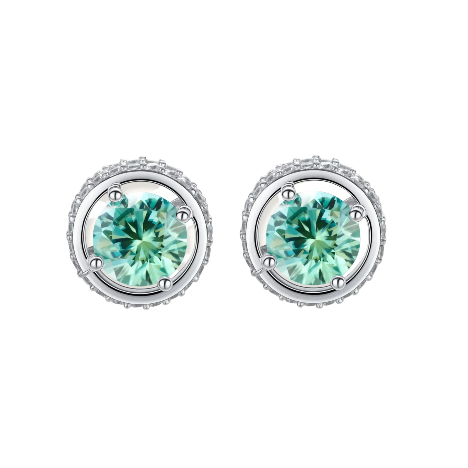Round green moissanite stud earrings in sterling silver halo settings with brilliant sparkle on white background.