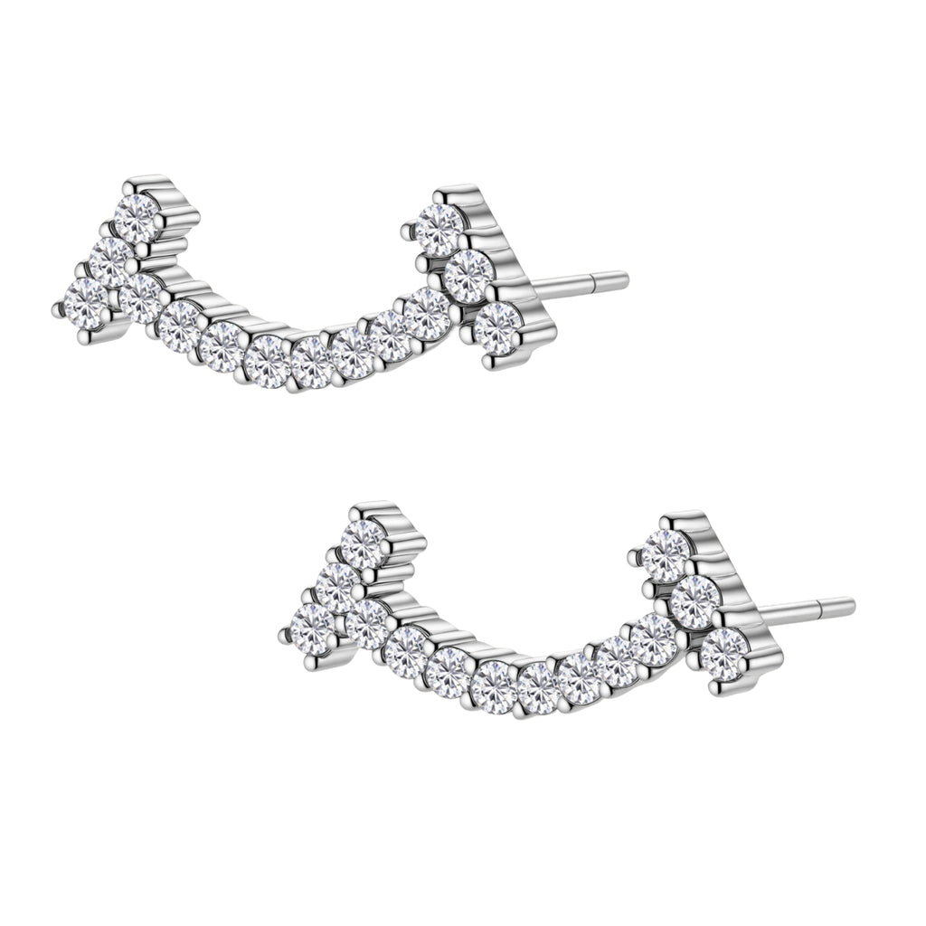 Curved sterling silver ear climbers with moissanite stones arranged in elegant arc shape on white background