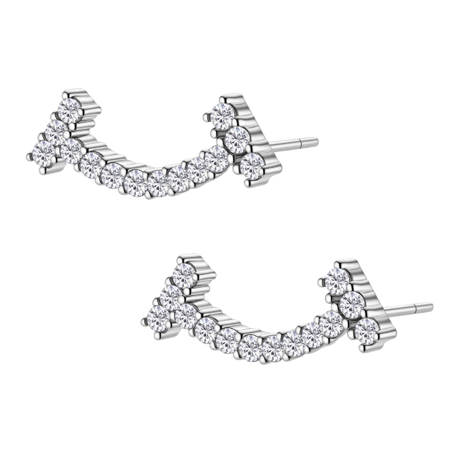 Curved sterling silver ear climbers with moissanite stones arranged in elegant arc shape on white background