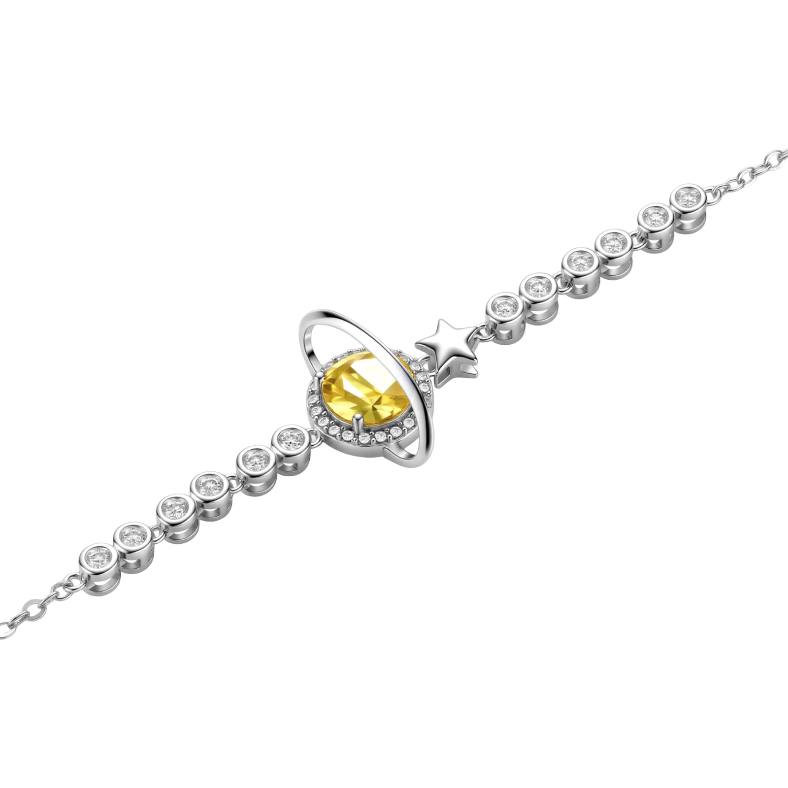 Sterling silver bracelet with yellow moissanite centerpiece in oval setting, crystal chain, and star charm on white background.