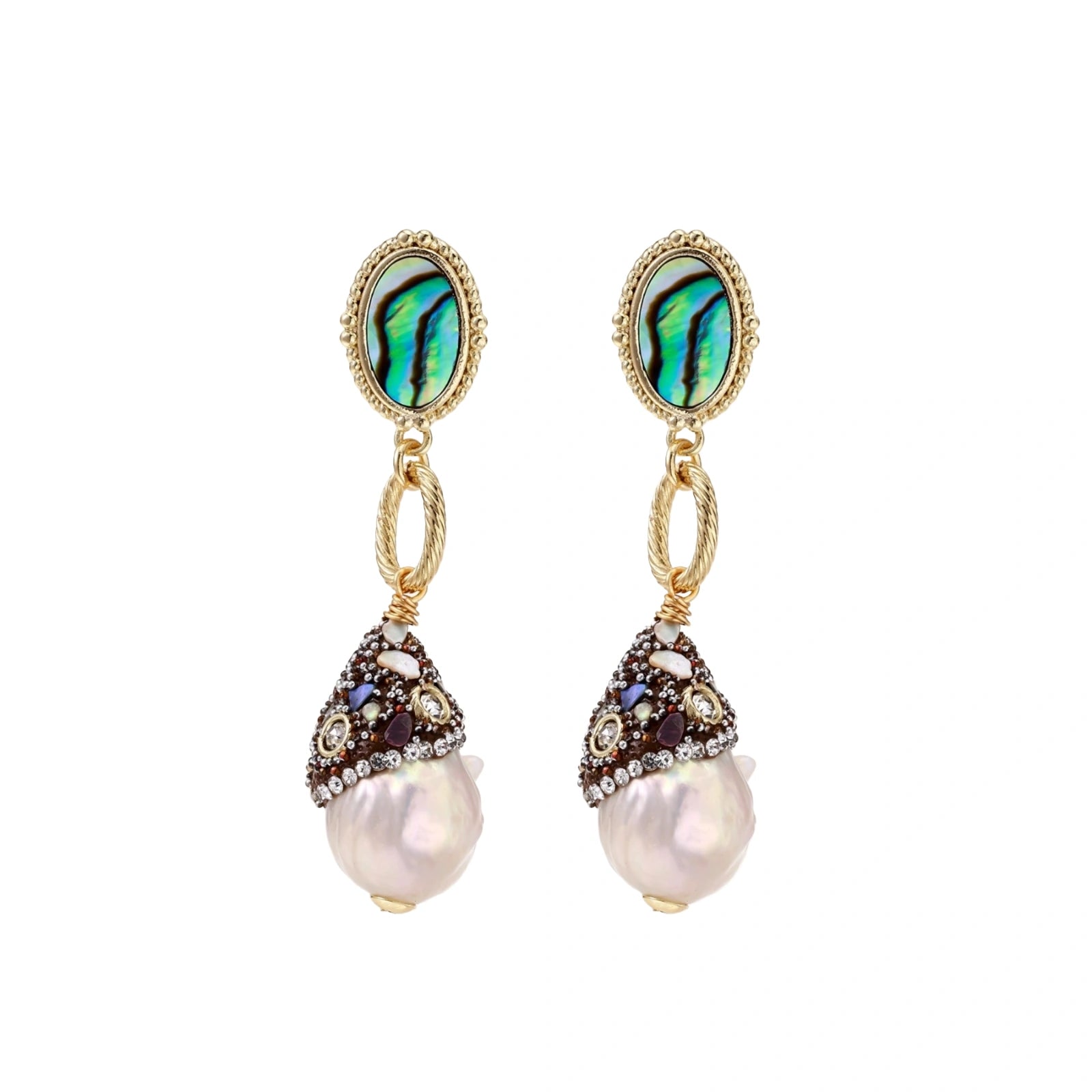 Gold drop earrings with iridescent abalone studs, rope links, jeweled caps and white baroque pearls on cream background