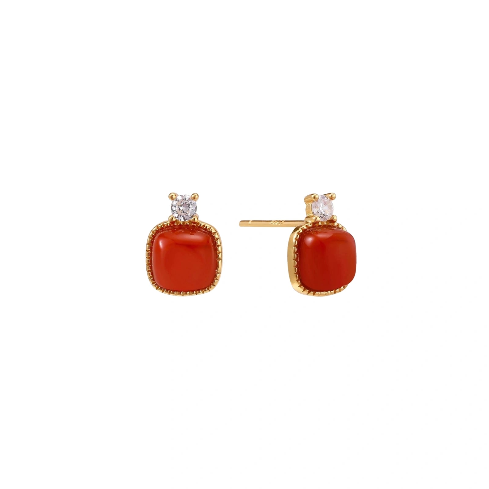 18K gold vermeil stud earrings with cushion-cut red agate stones and sparkling crystal accents on beige background