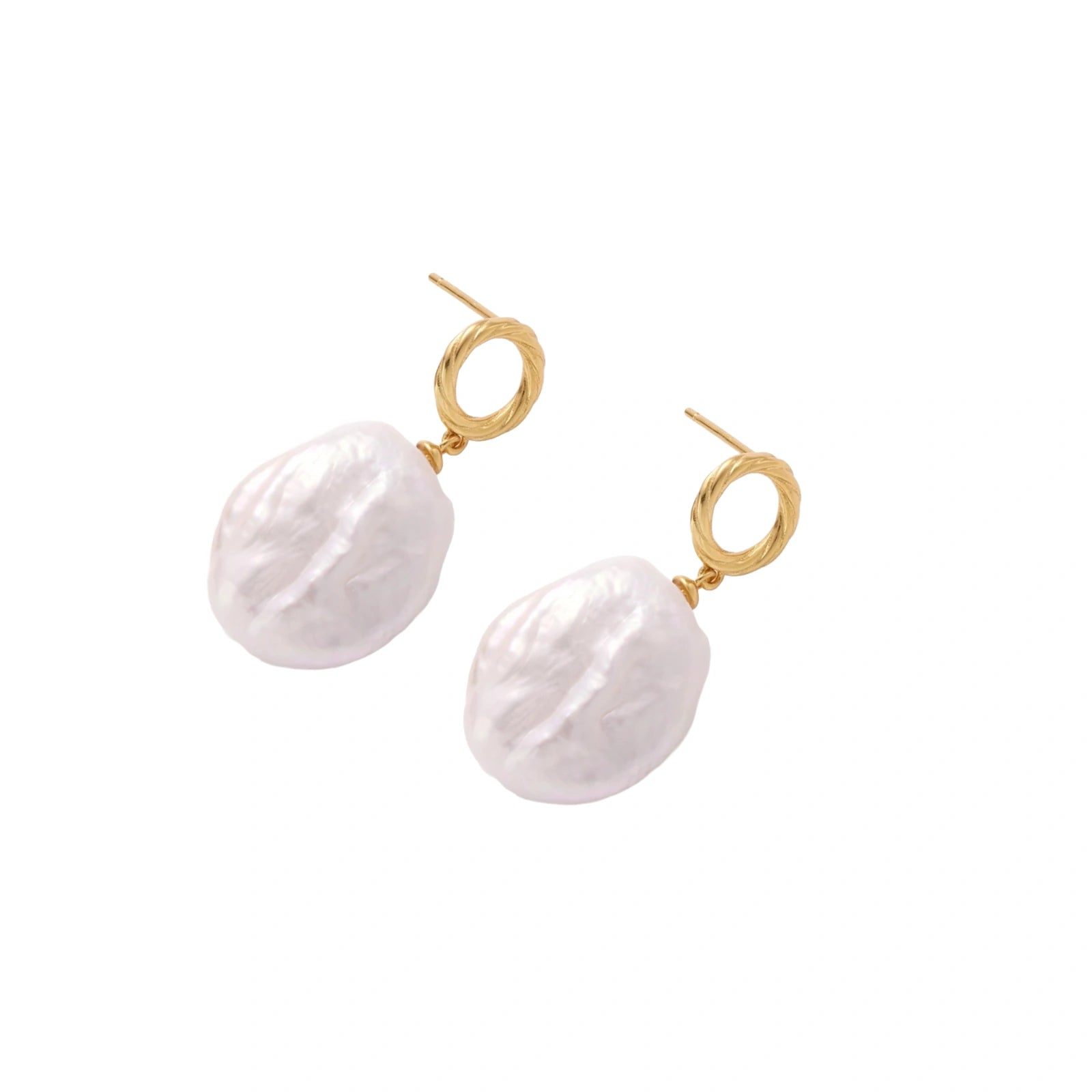 18K gold vermeil twisted circle studs with organic white baroque pearl drops on cream background