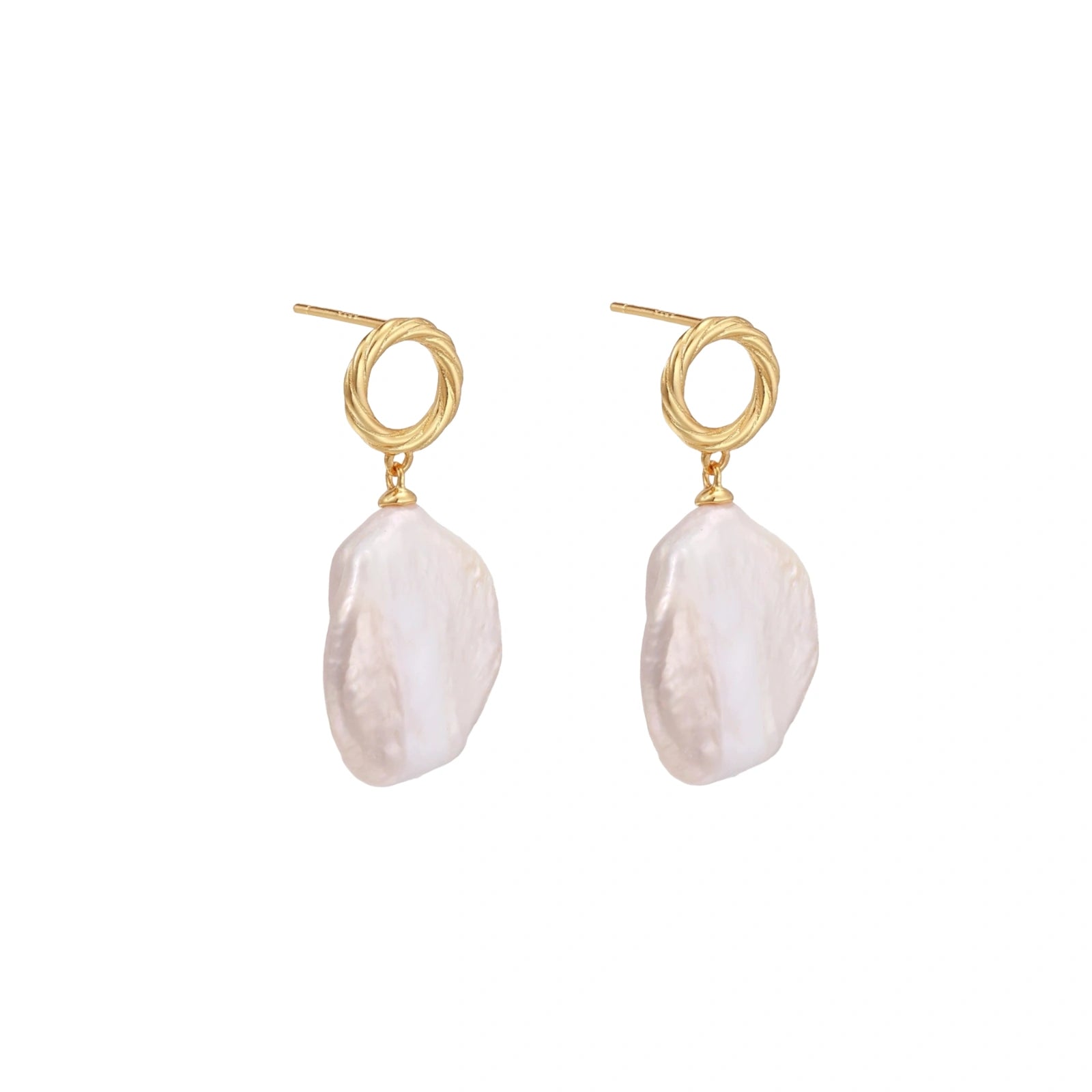 18K gold vermeil twisted circle studs with organic white baroque pearl drops on cream background