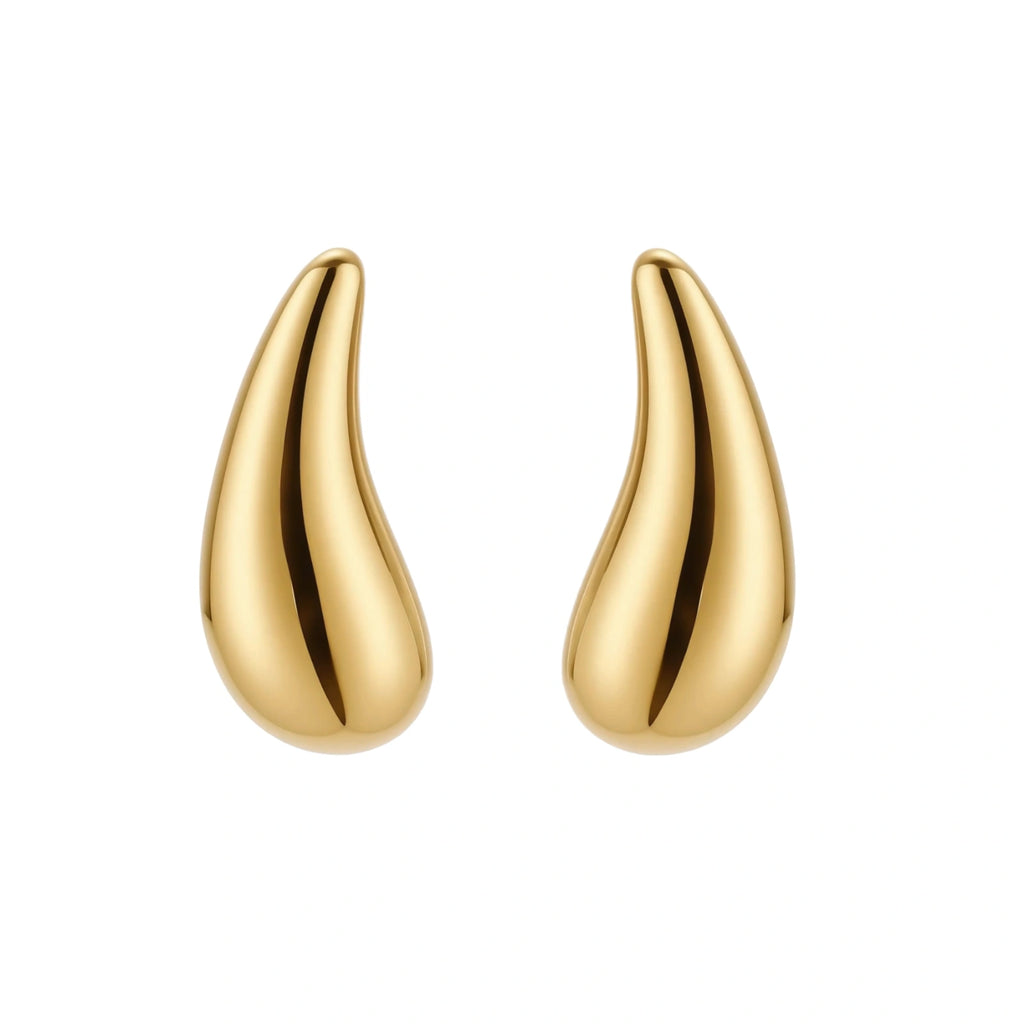 Pair of gold-plated sterling silver teardrop stud earrings with polished finish on white background.