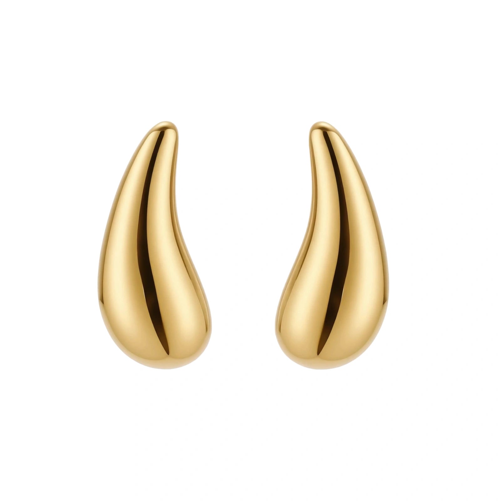 Pair of gold-plated sterling silver teardrop stud earrings with polished finish on white background.