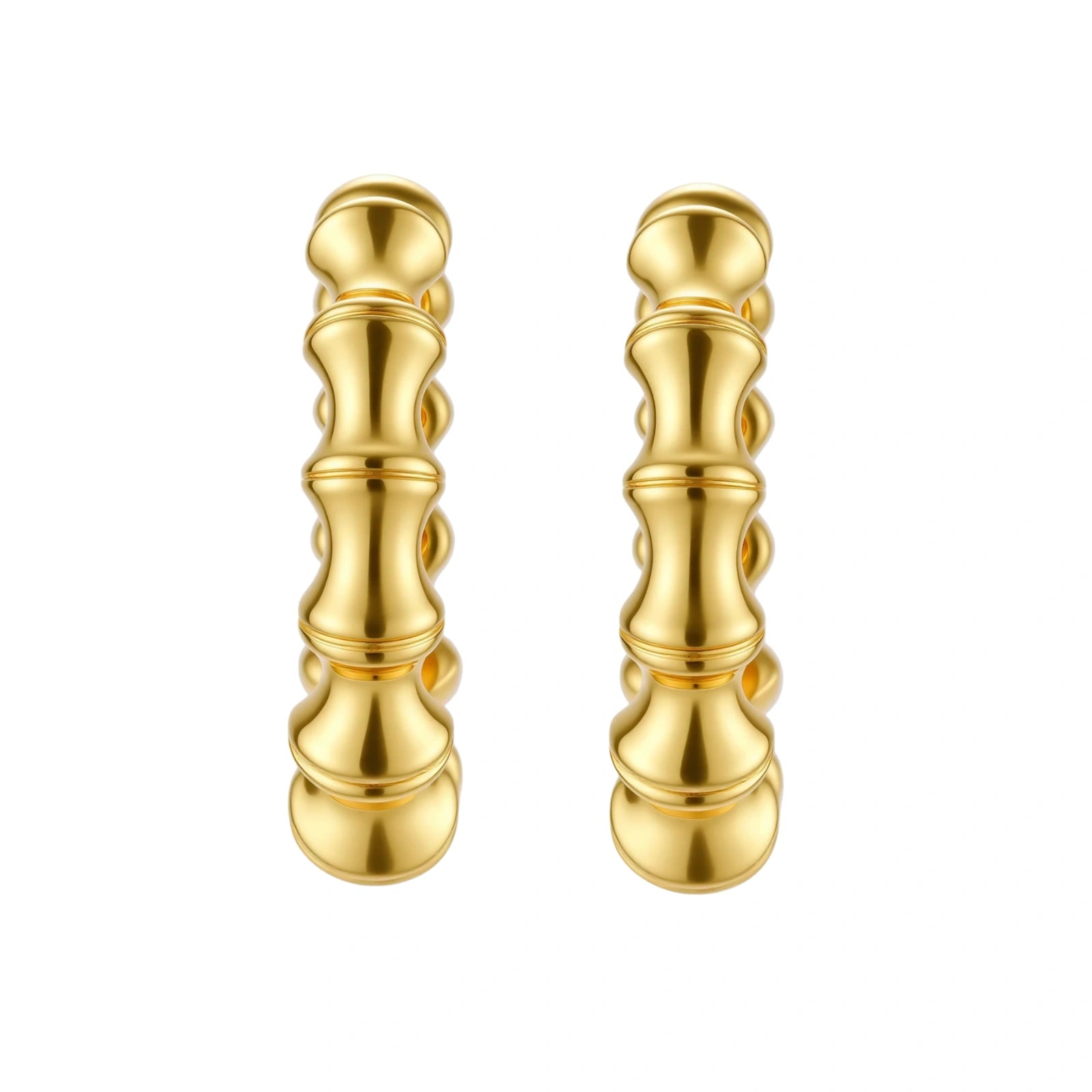 Close-up of gold-plated sterling silver hoop earrings with bamboo-inspired segmented design on white background.