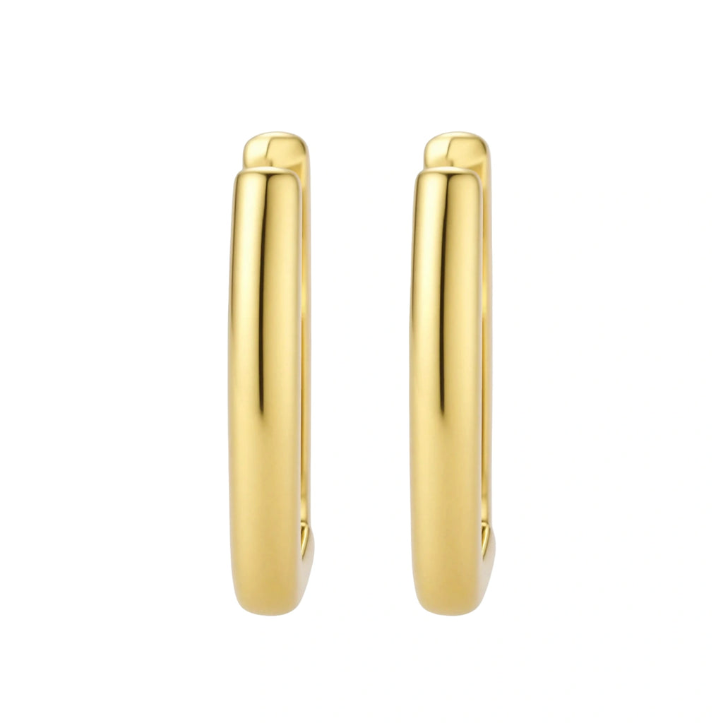 Polished gold-plated sterling silver hoop earrings with hinged closure mechanism on white background.
