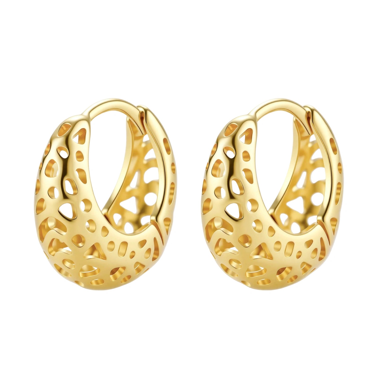 Close-up of small gold-plated hoop earrings with intricate honeycomb cutout pattern on cream background.