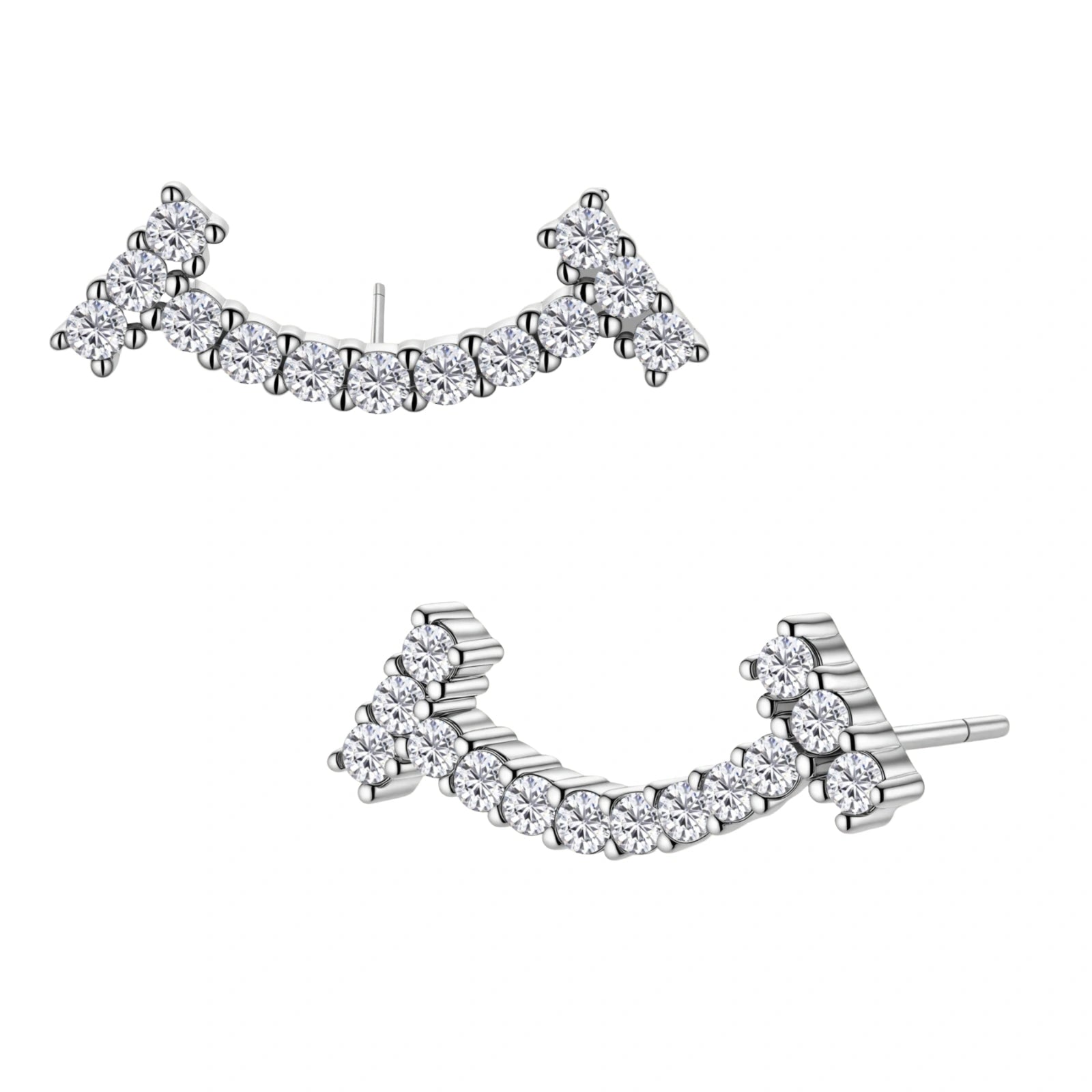 Curved sterling silver ear climbers with moissanite stones arranged in elegant arc shape on white background