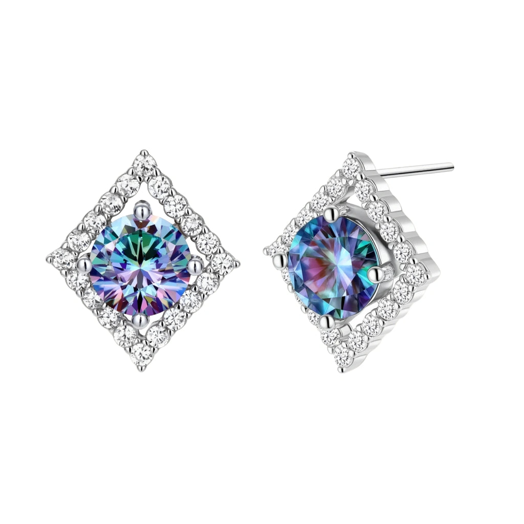 Diamond-shaped sterling silver stud earrings with rainbow moissanite centers surrounded by crystal halos
