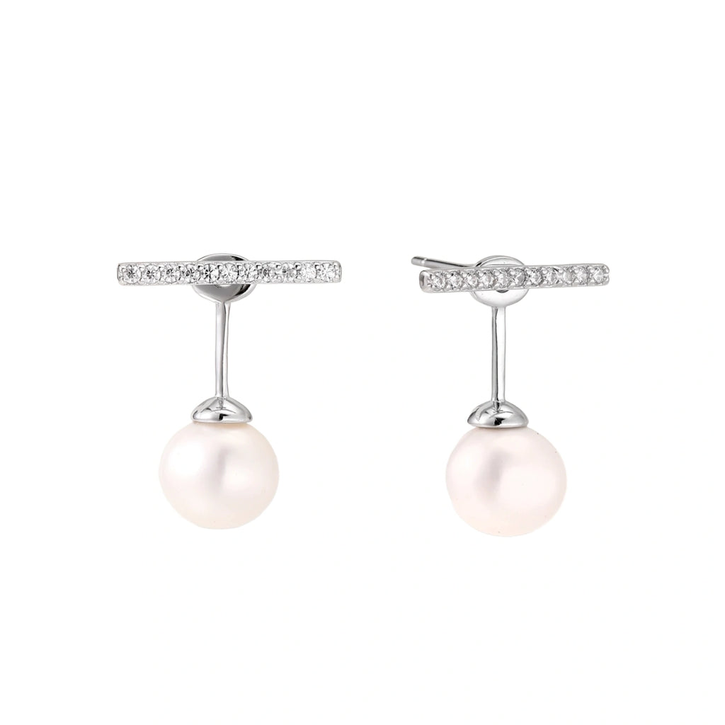 Rhodium-plated sterling silver ear jacket earrings with diamond-set horizontal bar and freshwater pearl drop