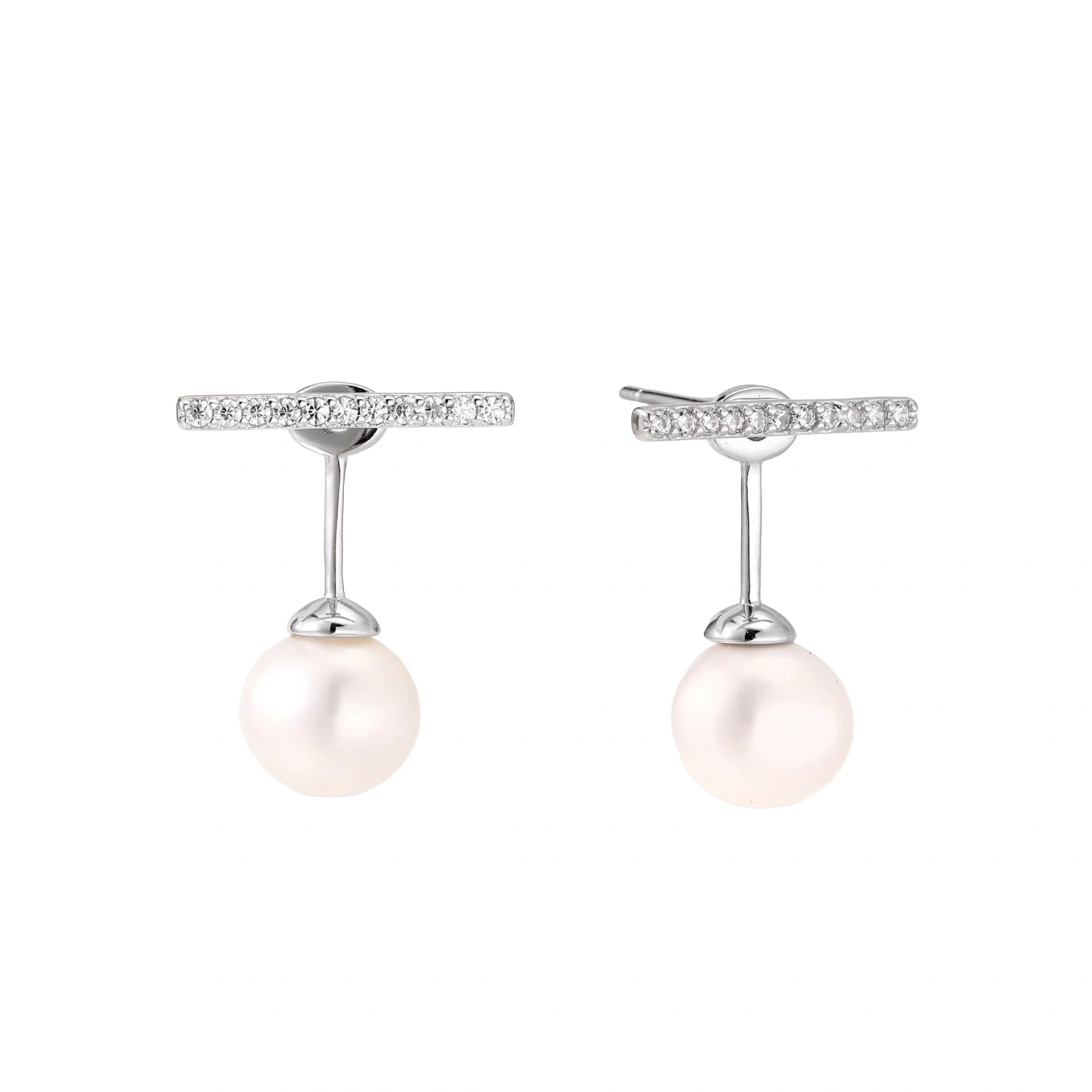 Rhodium-plated sterling silver ear jacket earrings with diamond-set horizontal bar and freshwater pearl drop