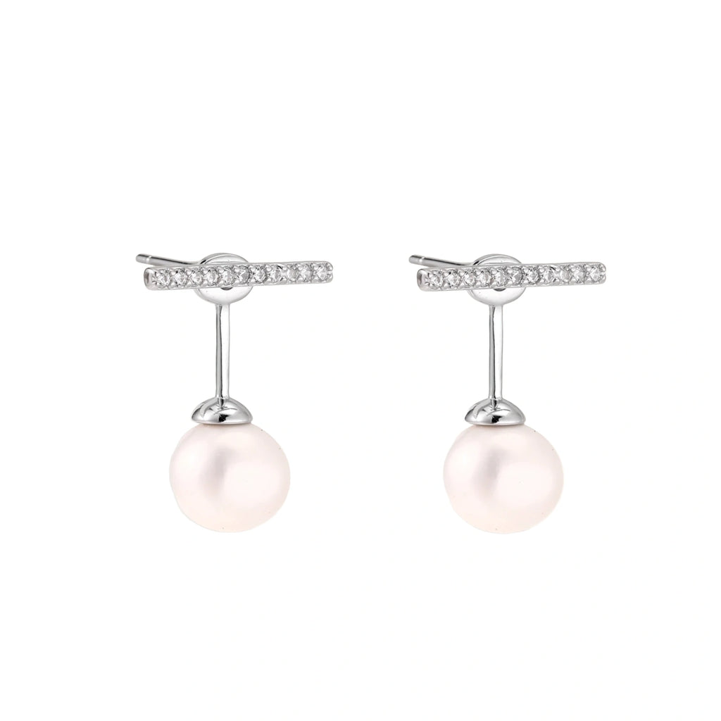 Rhodium-plated sterling silver ear jacket earrings with diamond-set horizontal bar and freshwater pearl drop