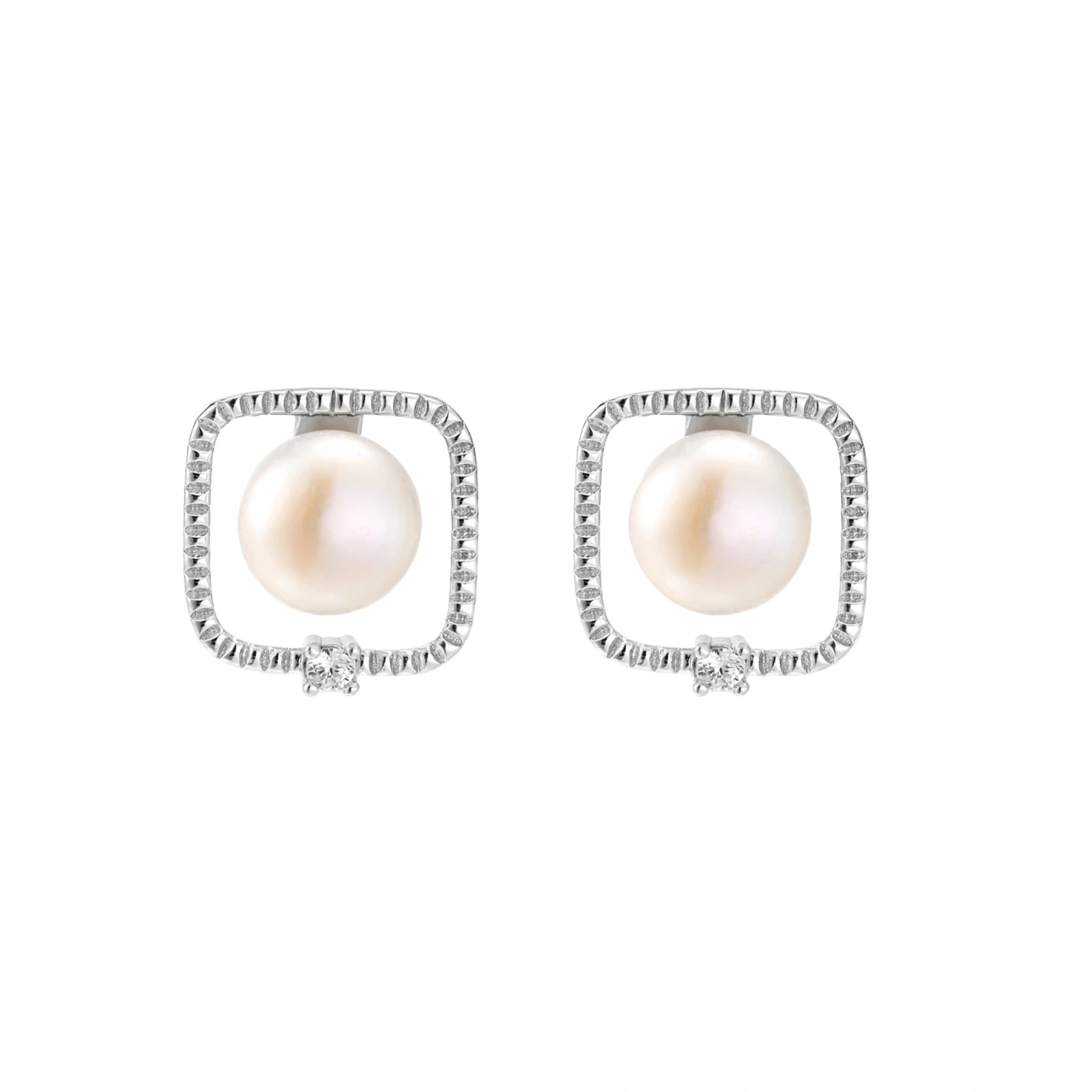 Rhodium-plated silver stud earrings with cushion frame, centered freshwater pearl, and tiny crystal accent
