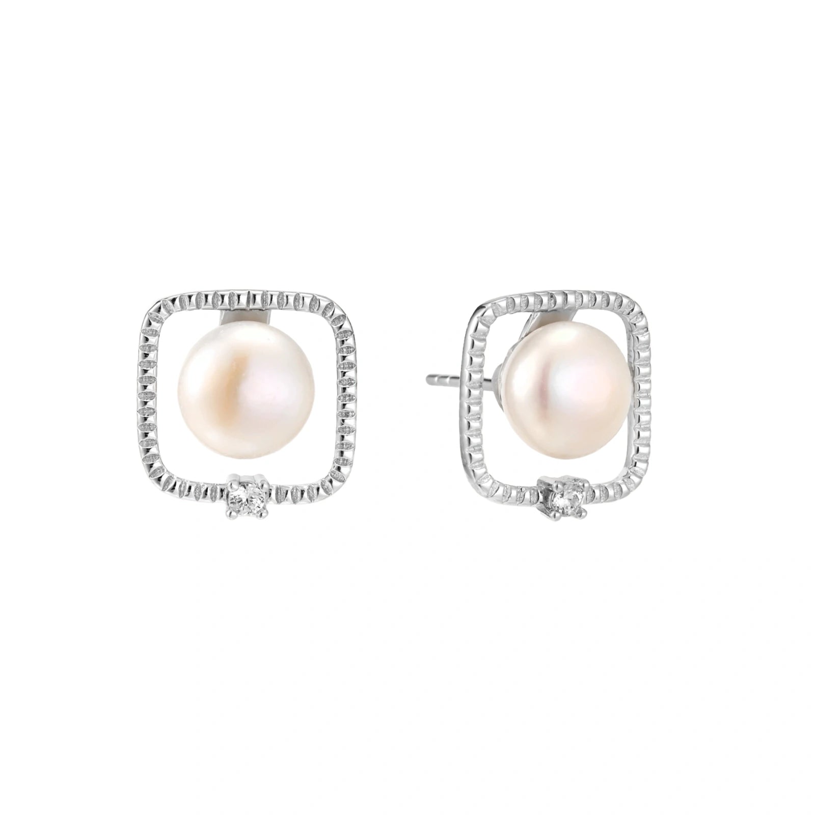 Rhodium-plated silver stud earrings with cushion frame, centered freshwater pearl, and tiny crystal accent