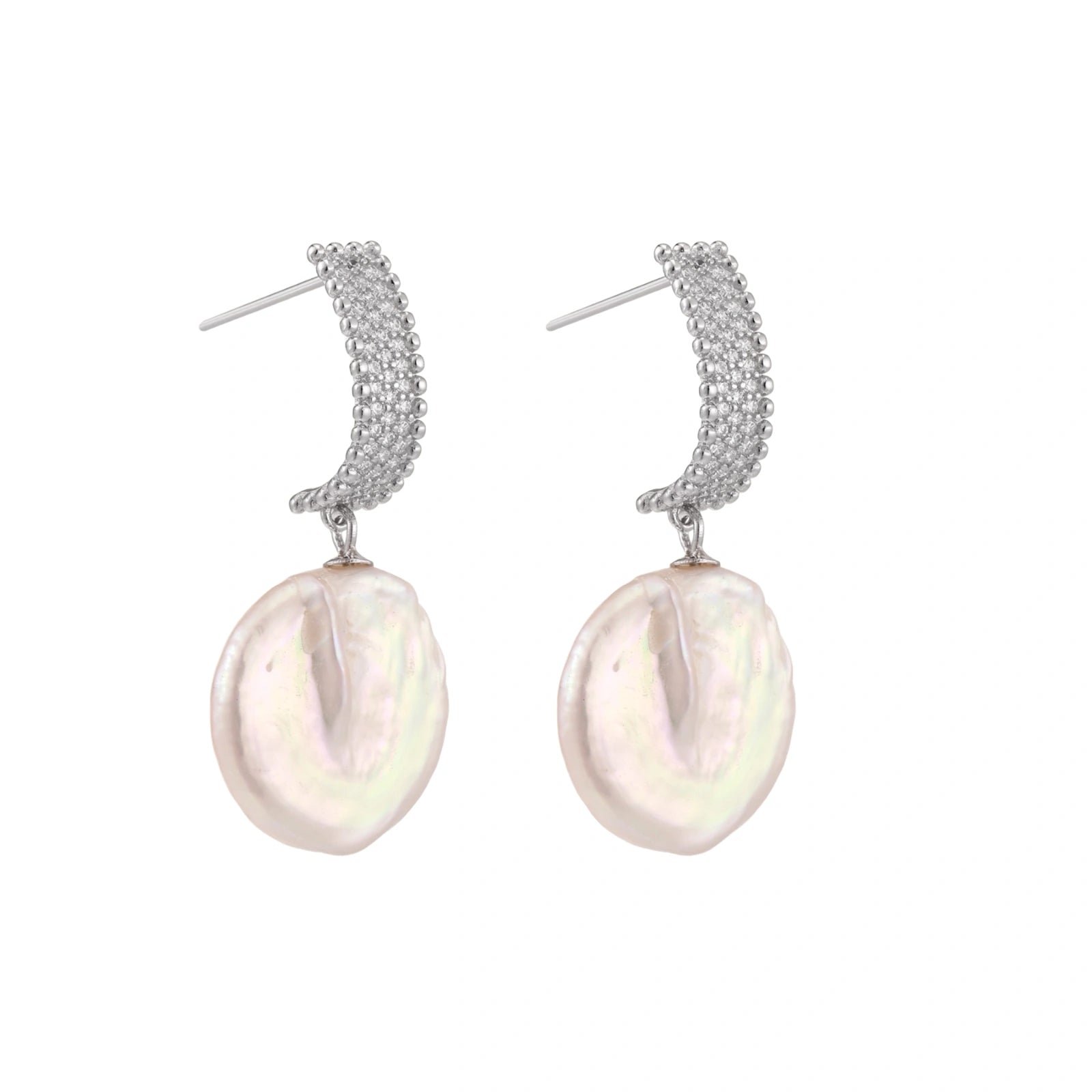Rhodium-plated silver curved stud with pave stones and baroque pearl drop on white background