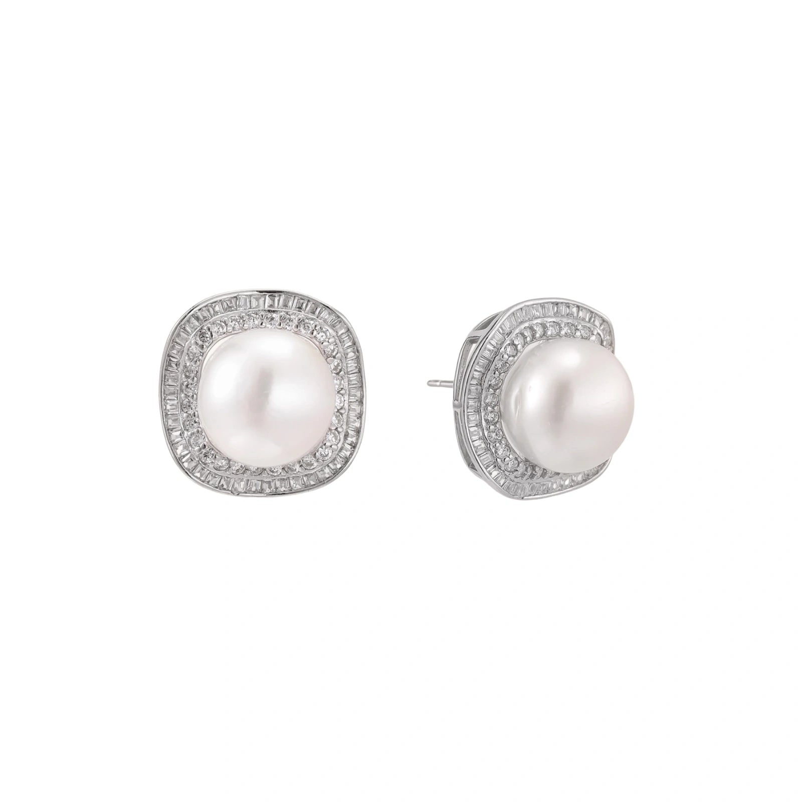 Rhodium-plated sterling silver stud earrings with round freshwater pearls surrounded by geometric crystal halos on cream background.