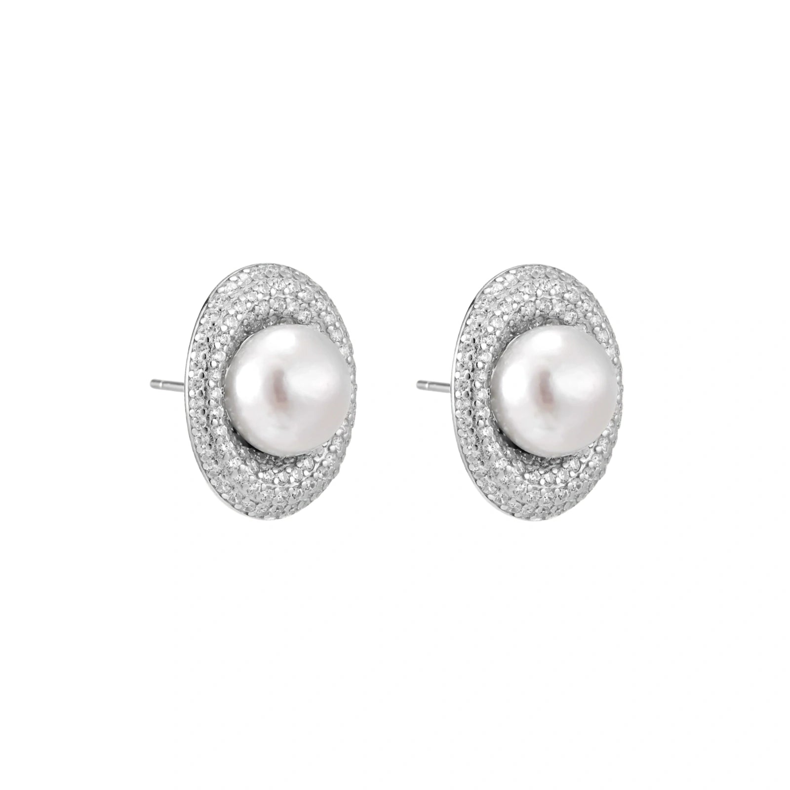 Elegant stud earrings with cream freshwater pearls surrounded by sparkly pavé crystals on rhodium-plated silver setting