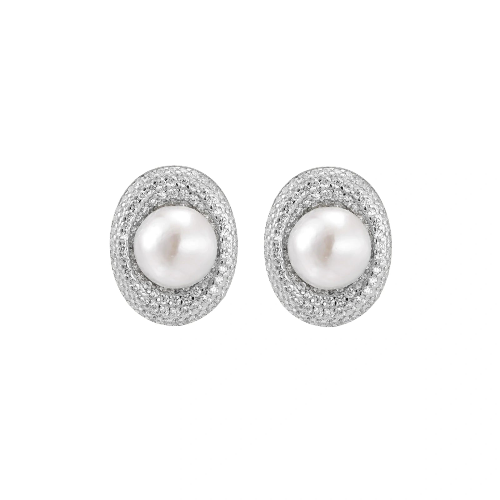 Elegant stud earrings with cream freshwater pearls surrounded by sparkly pavé crystals on rhodium-plated silver setting